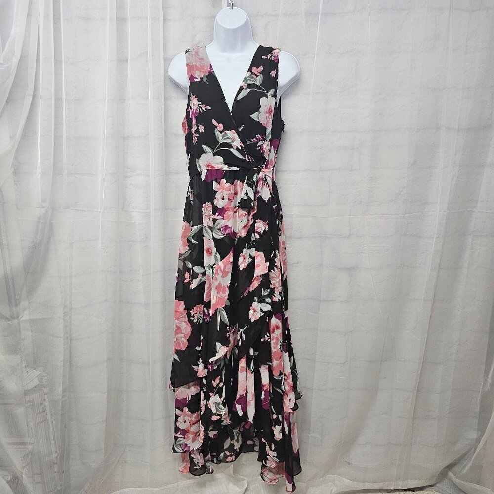 INC International Concepts Black Floral Maxi Dress with Pink Flowers size 10